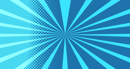 Vintage colorful comic book background. Blue blank bubbles of different shapes. Rays, radial, halftone, dotted effects. For sale banner for your designe 1960s. With copy space eps10.