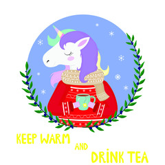 Vector graphics. Adorable, cute illustration of unicorn with tea cup. Funny character. Flat cartoon illustration. Winter greeting card template. Handwritten text. 
