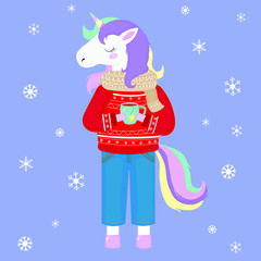 Vector graphics. Cute, adorable illustration of unicorn with tea cup. Funny character. Flat cartoon illustration. Winter cozy illustration. 