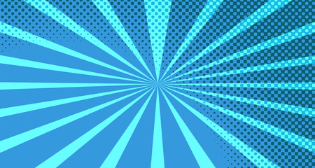 Fototapeta premium Vintage colorful comic book background. Blue blank bubbles of different shapes. Rays, radial, halftone, dotted effects. For sale banner for your designe 1960s. With copy space eps10.