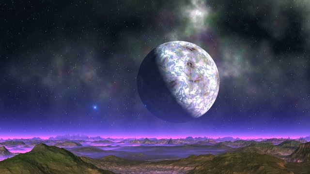 Dance of the Blue UFOs. In the dark starry sky, a large nebula and planet. Bright blue objects (UFOs) appear from the depths of space and circle over the desolate landscape of an alien planet.