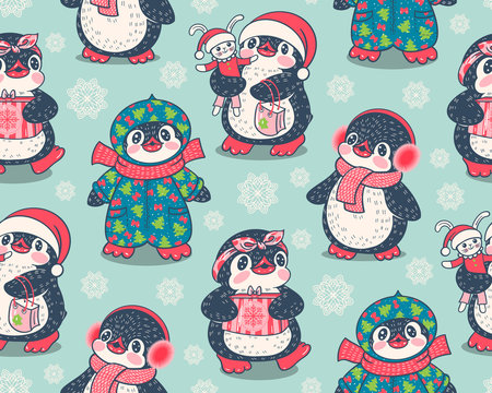 Seamless pattern with cute penguins