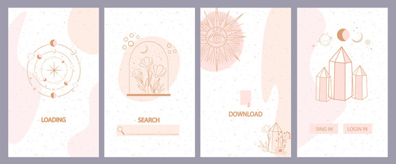 Collection of mystical and mysterious background for social media promotional content. Mobile App, Landing page,Web design in hand drawn style. Minimalistic objects made in the style of one line