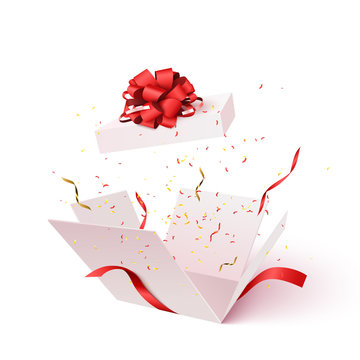 Open gift box with red bow and confetti burst explosion isolated. 3d vector background.
