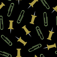 Vector Green and Yellow Tacks and Paper Clips on Black Background Seamless Repeat Pattern. Background for textiles, cards, manufacturing, wallpapers, print, gift wrap and scrapbooking.