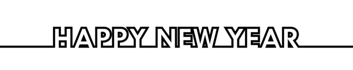 Happy New Year - greeting card, invitation, poster, flyer - black continuous outline letters - vector