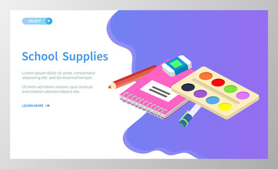 Supplies for lessons, vector illustration. Collection of school supplies or stationery. Isometric cartoon items for education of smart pupils and students. Knowledge and education. School accessories