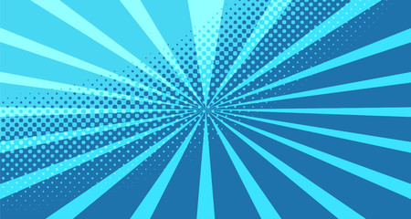 Vintage colorful comic book background. Blue blank bubbles of different shapes. Rays, radial, halftone, dotted effects. For sale banner for your designe 1960s. With copy space eps10.