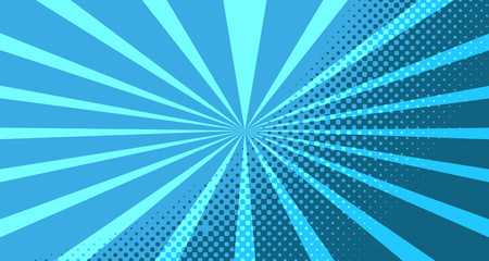 Vintage colorful comic book background. Blue blank bubbles of different shapes. Rays, radial, halftone, dotted effects. For sale banner for your designe 1960s. With copy space eps10.