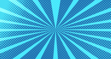 Vintage colorful comic book background. Blue blank bubbles of different shapes. Rays, radial, halftone, dotted effects. For sale banner for your designe 1960s. With copy space eps10.