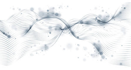 Vector abstract background with wave of flowing particles, smooth curve shape lines, particle array flow. 3d shape dots blended mesh, future technology relaxing wallpaper.