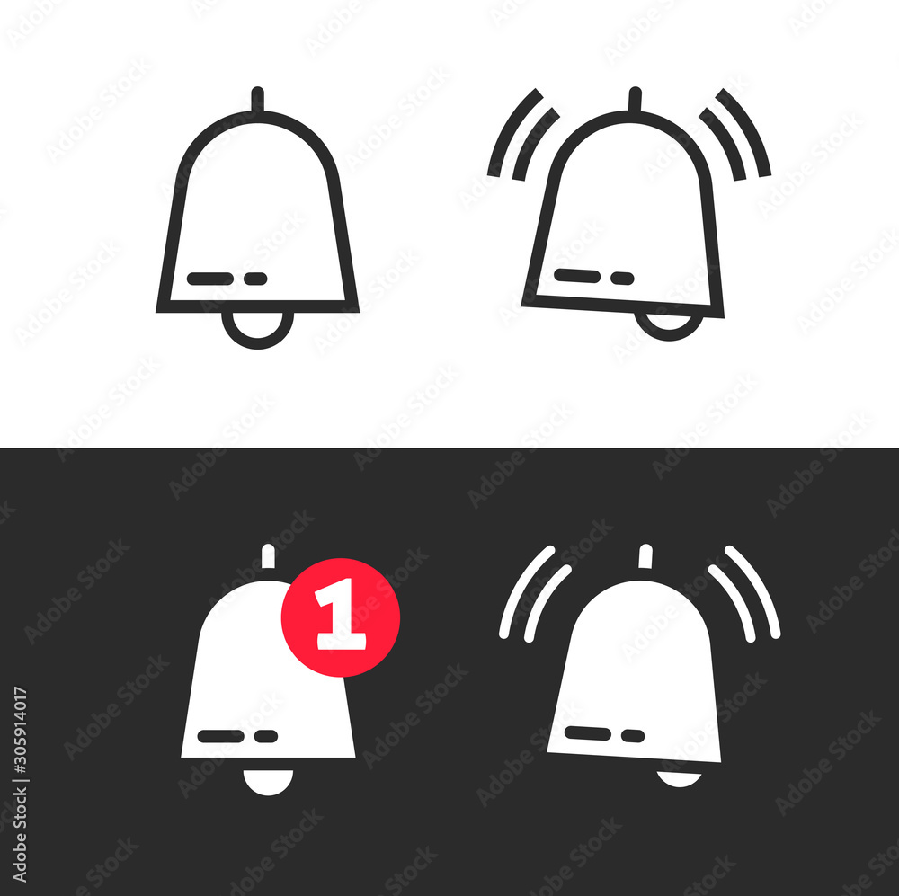 Poster bell line outline art icon or doorbell flat cartoon alarm symbol with alert notification as incoming
