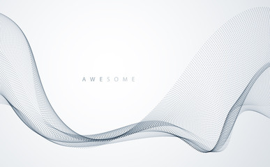 Flowing particles wave, dynamic sound motion curve lines. 3d vector illustration. Beautiful wave shaped array of blended points.