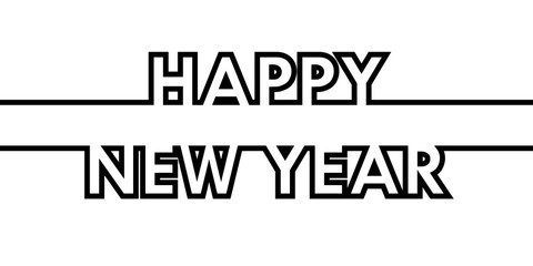 Happy New Year - greeting card, invitation, poster, flyer - black continuous outline letters - vector