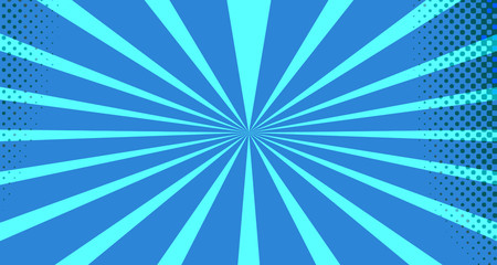 Vintage colorful comic book background. Blue blank bubbles of different shapes. Rays, radial, halftone, dotted effects. For sale banner for your designe 1960s. With copy space eps10.