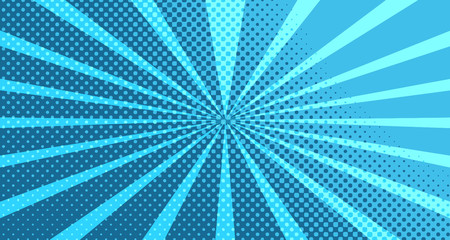 Obraz premium Vintage colorful comic book background. Blue blank bubbles of different shapes. Rays, radial, halftone, dotted effects. For sale banner for your designe 1960s. With copy space eps10.
