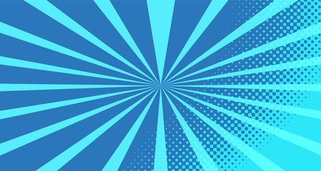 Vintage colorful comic book background. Blue blank bubbles of different shapes. Rays, radial, halftone, dotted effects. For sale banner for your designe 1960s. With copy space eps10.