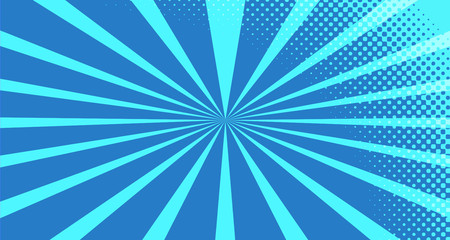 Vintage colorful comic book background. Blue blank bubbles of different shapes. Rays, radial, halftone, dotted effects. For sale banner for your designe 1960s. With copy space eps10.