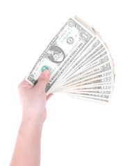 Hand with money isolated on a white background