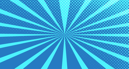 Vintage colorful comic book background. Blue blank bubbles of different shapes. Rays, radial, halftone, dotted effects. For sale banner for your designe 1960s. With copy space eps10.
