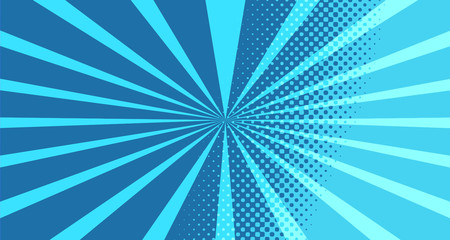 Vintage colorful comic book background. Blue blank bubbles of different shapes. Rays, radial, halftone, dotted effects. For sale banner for your designe 1960s. With copy space eps10.