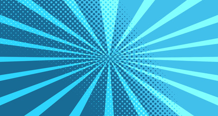 Vintage colorful comic book background. Blue blank bubbles of different shapes. Rays, radial, halftone, dotted effects. For sale banner for your designe 1960s. With copy space eps10.