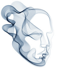 Spirit of digital electronic time, Artificial Intelligence vector illustration of human head made of dotted particles wave lines, particle flow, technological soul of machine. - obrazy, fototapety, plakaty
