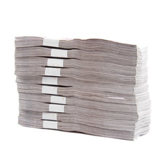 Stacks of one hundred dollars banknotes close-up isolated on white