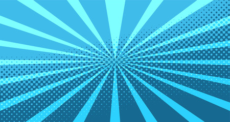 Obraz premium Vintage colorful comic book background. Blue blank bubbles of different shapes. Rays, radial, halftone, dotted effects. For sale banner for your designe 1960s. With copy space eps10.