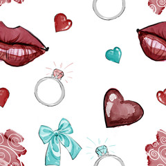 Red lips , red hearts, blue bath and engagement ring with a diamond on a white isolated background, fashion illustration, minimalism concept, classic in beauty. Seamless patern .