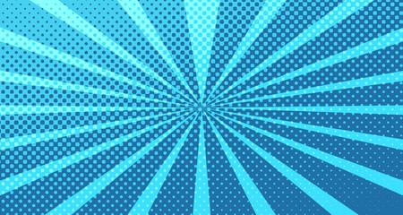 Vintage colorful comic book background. Blue blank bubbles of different shapes. Rays, radial, halftone, dotted effects. For sale banner for your designe 1960s. With copy space eps10.