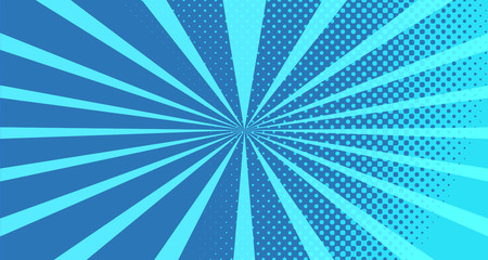 Vintage colorful comic book background. Blue blank bubbles of different shapes. Rays, radial, halftone, dotted effects. For sale banner for your designe 1960s. With copy space eps10.