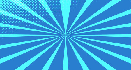 Vintage colorful comic book background. Blue blank bubbles of different shapes. Rays, radial, halftone, dotted effects. For sale banner for your designe 1960s. With copy space eps10.