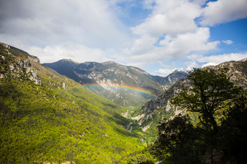 Spring rain and rainbow in Aragon Pyrenees, Spain