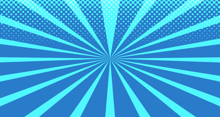 Vintage colorful comic book background. Blue blank bubbles of different shapes. Rays, radial, halftone, dotted effects. For sale banner for your designe 1960s. With copy space eps10.