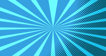 Vintage colorful comic book background. Blue blank bubbles of different shapes. Rays, radial, halftone, dotted effects. For sale banner for your designe 1960s. With copy space eps10.