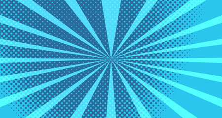 Vintage colorful comic book background. Blue blank bubbles of different shapes. Rays, radial, halftone, dotted effects. For sale banner for your designe 1960s. With copy space eps10.