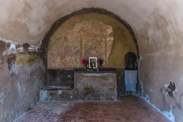 Small altar in old church of San Biagio in Castelmola town on Sicily Island, Italy