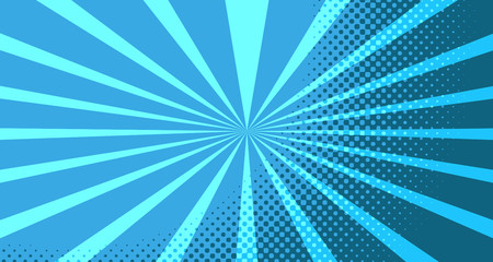 Vintage colorful comic book background. Blue blank bubbles of different shapes. Rays, radial, halftone, dotted effects. For sale banner for your designe 1960s. With copy space eps10.