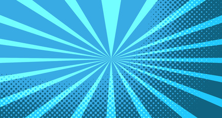 Vintage colorful comic book background. Blue blank bubbles of different shapes. Rays, radial, halftone, dotted effects. For sale banner for your designe 1960s. With copy space eps10.