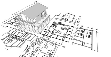 Fototapeta na wymiar modern house sketch 3d illustration