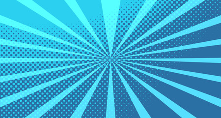 Vintage colorful comic book background. Blue blank bubbles of different shapes. Rays, radial, halftone, dotted effects. For sale banner for your designe 1960s. With copy space eps10.