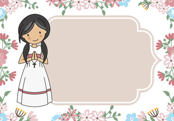 Communion Card Girl praying with flowers background