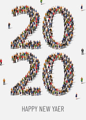 Happy New Year 2020. Large and diverse group of people gathered together in the shape of number 2020.