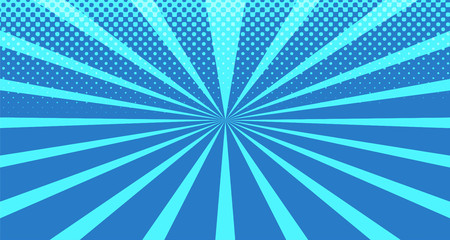 Fototapeta premium Vintage colorful comic book background. Blue blank bubbles of different shapes. Rays, radial, halftone, dotted effects. For sale banner for your designe 1960s. With copy space eps10.
