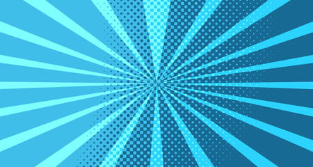 Vintage colorful comic book background. Blue blank bubbles of different shapes. Rays, radial, halftone, dotted effects. For sale banner for your designe 1960s. With copy space eps10.