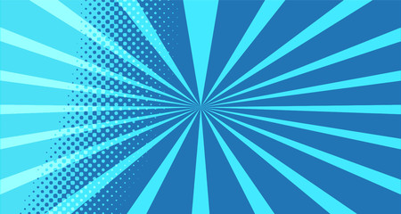 Vintage colorful comic book background. Blue blank bubbles of different shapes. Rays, radial, halftone, dotted effects. For sale banner for your designe 1960s. With copy space eps10.
