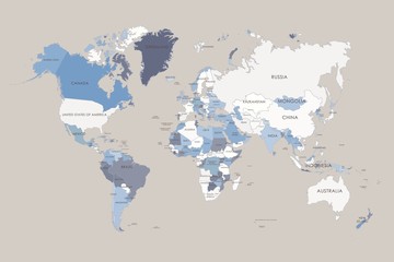 World map in four colors on background. High detail political map with country names.
