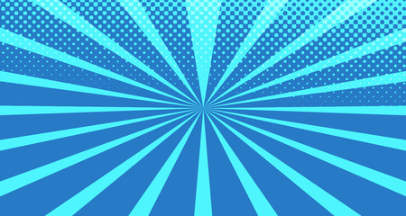 Vintage colorful comic book background. Blue blank bubbles of different shapes. Rays, radial, halftone, dotted effects. For sale banner for your designe 1960s. With copy space eps10.
