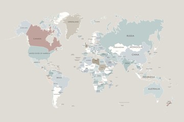 World map in four colors on background. High detail political map with country names.